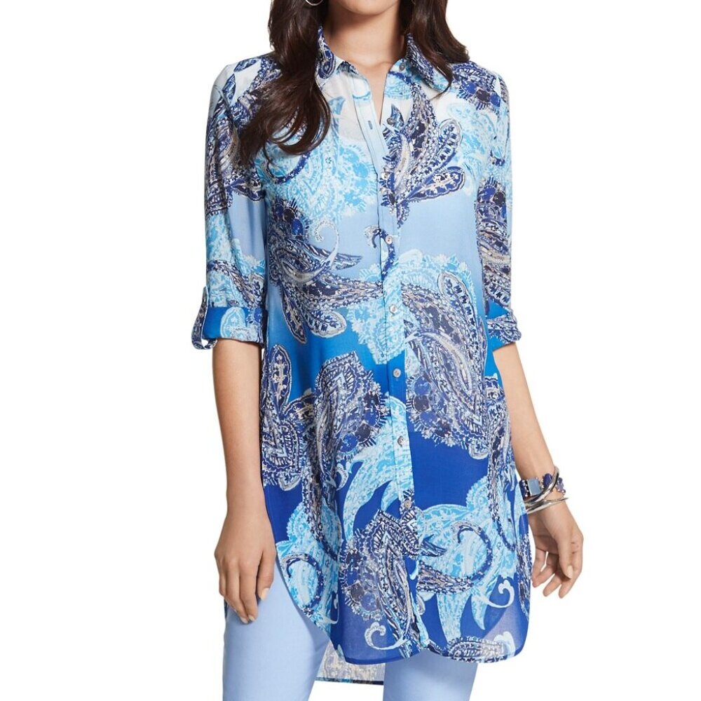 CHICO'S Enchanted Paisley Betty Long Sheer Shirt Size 0 - Picture 3 of 15